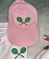 Tennis Hat, Embroidered Tennis Hat , Pink Tennis Court Hat , White Tennis Hat with green racquets