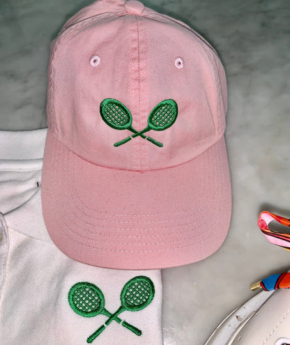 Tennis Hat, Embroidered Tennis Hat , Pink Tennis Court Hat , White Tennis Hat with green racquets